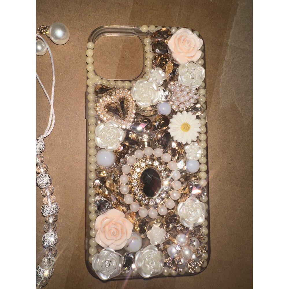 Handmade Decoden Rhinestone Pearl Phone Case - Floral Gem Bling Cover & Lanyard